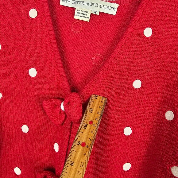 Anne Crimmins Women's S Vintage Red/White Polka Dot Whimsical Bow Front Cardigan - Picture 10 of 10